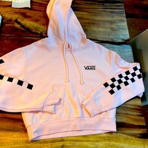 VANS LIGHT PINK HOODIE FRONT POCKETS DRAWSTRING HOOD CHECKERED PATTERN ON SLEEVE